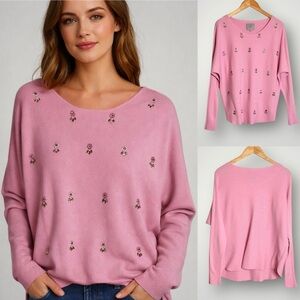 Liv Milano Beaded Rhinestones Sweater Womens Size Large Dolman Sleeve Pink